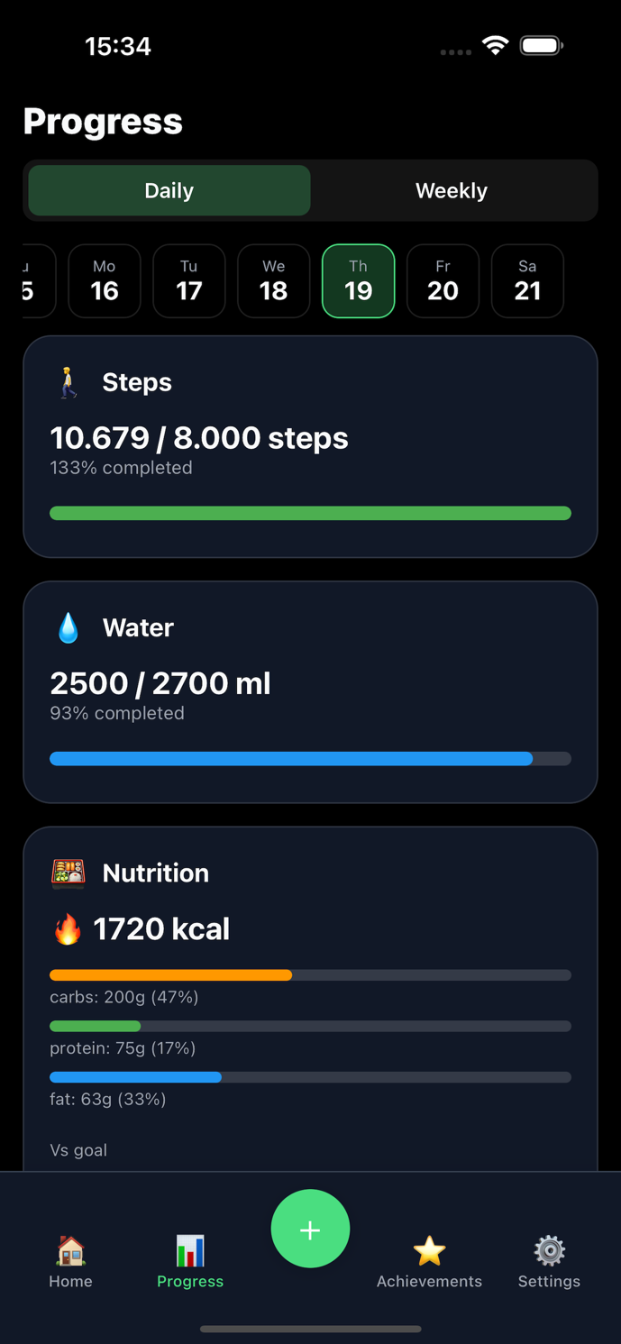 Nutrica progress screen showing steps, water and nutrition